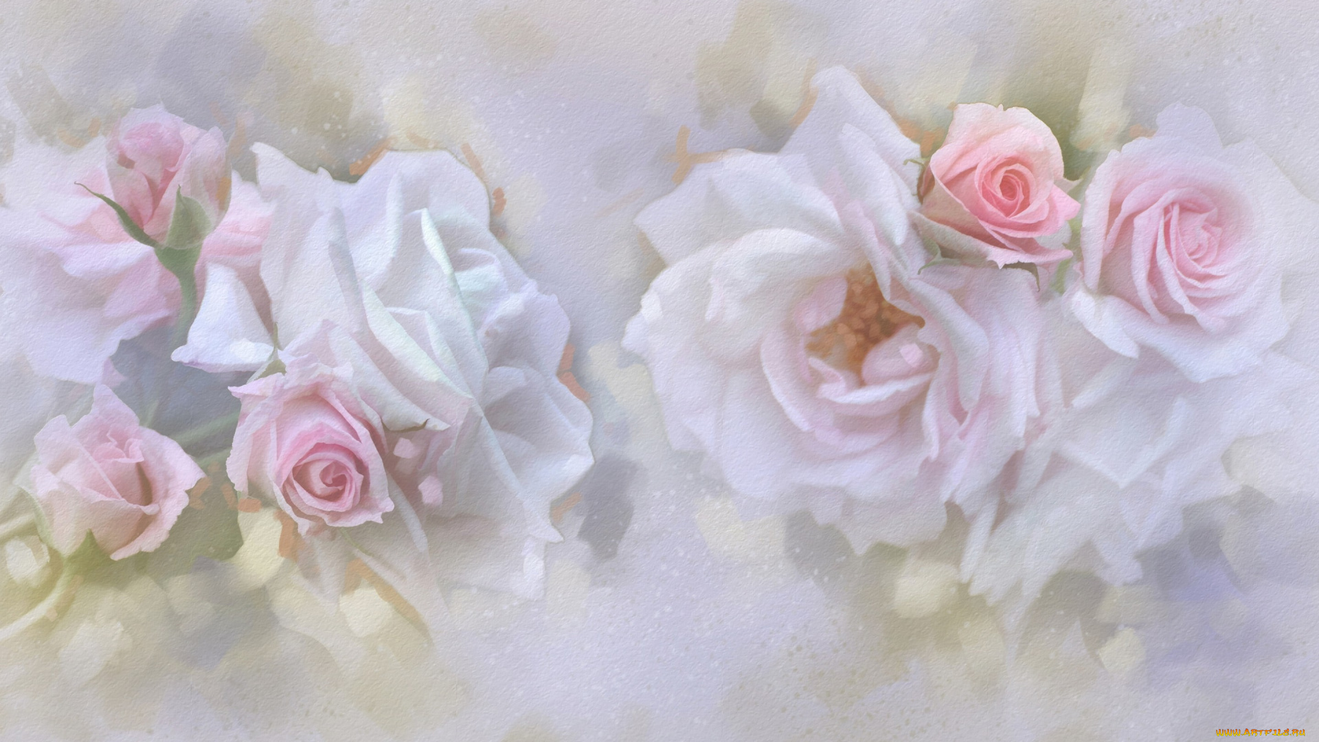 рисованное, цветы, пастель, нежность, бутоны, розы