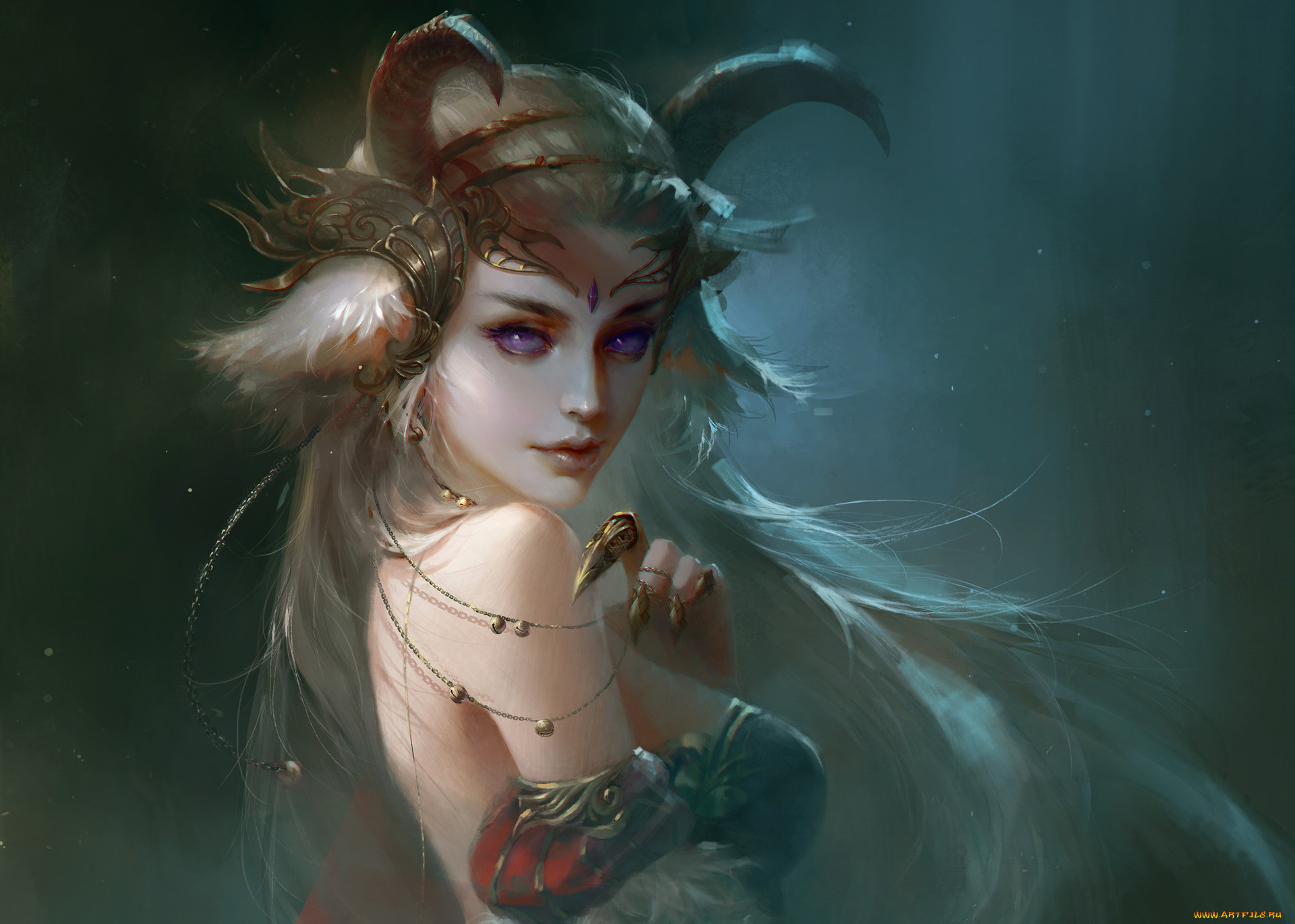 фэнтези, существа, украшения, когти, рога, взгляд, демоница, арт, фантастика, девушка