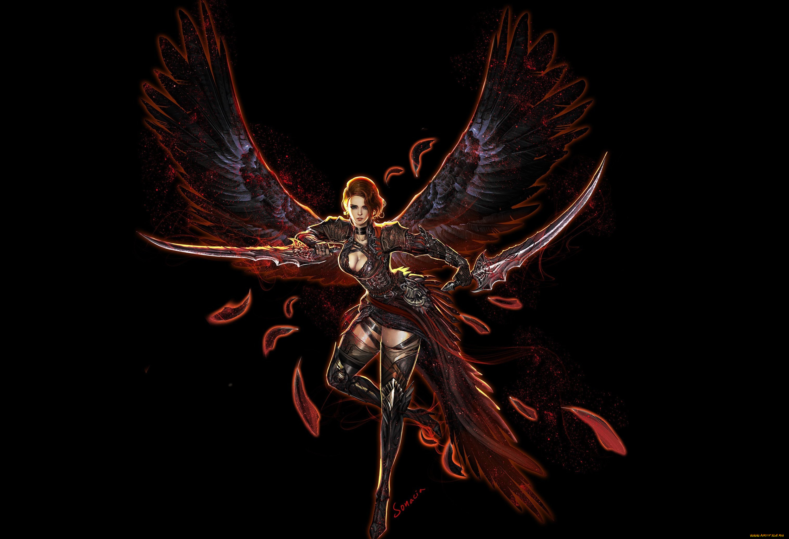 фэнтези, существа, арт, youngmin, suh, оружие, перья, крылья, поза, взгляд, девушка, эротика