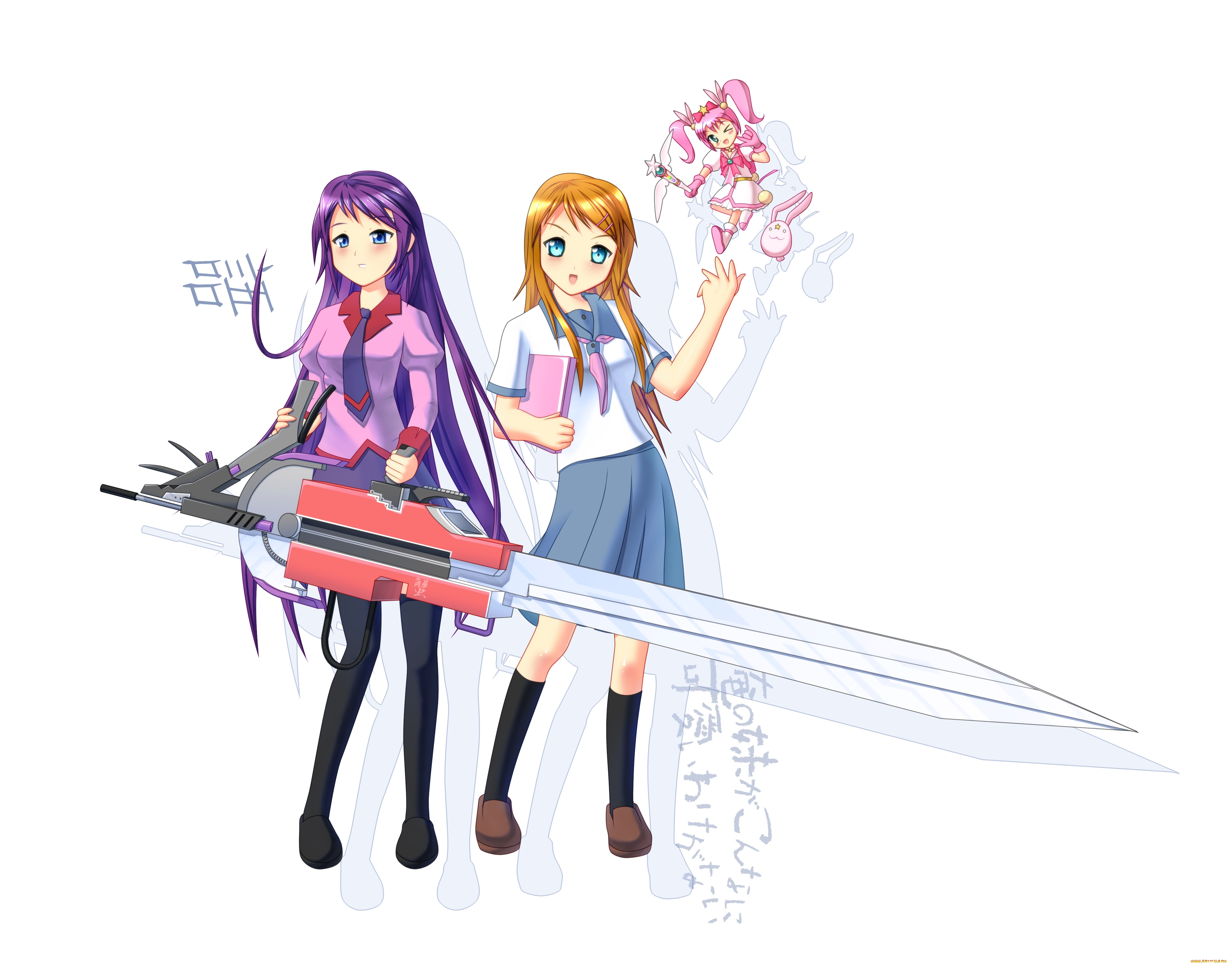 аниме, оружие, , техника, , технологии, девушки, взгляд, фон