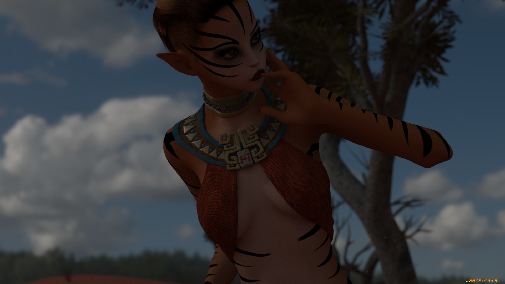 3д, графика, эльфы, , elves, фон, взгляд, эльфийка