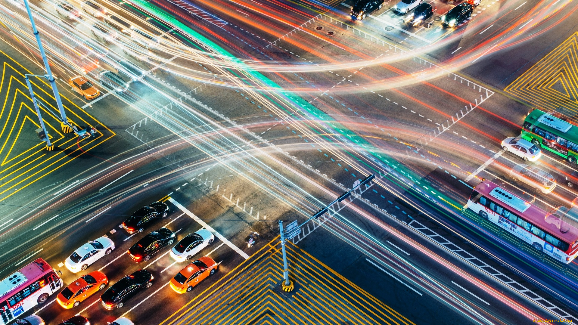 города, -, огни, ночного, города, шоссе, дороги, огни, трафик, транспорт, машины, перекресток