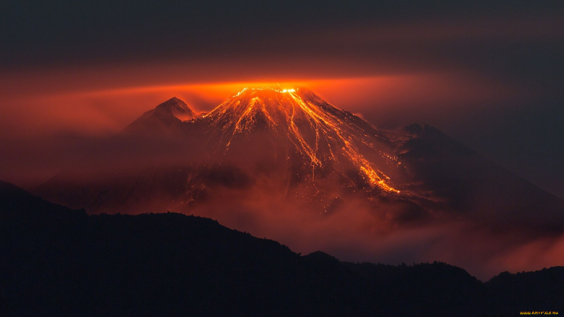 природа, стихия, лава, ночь, извержение, вулкан