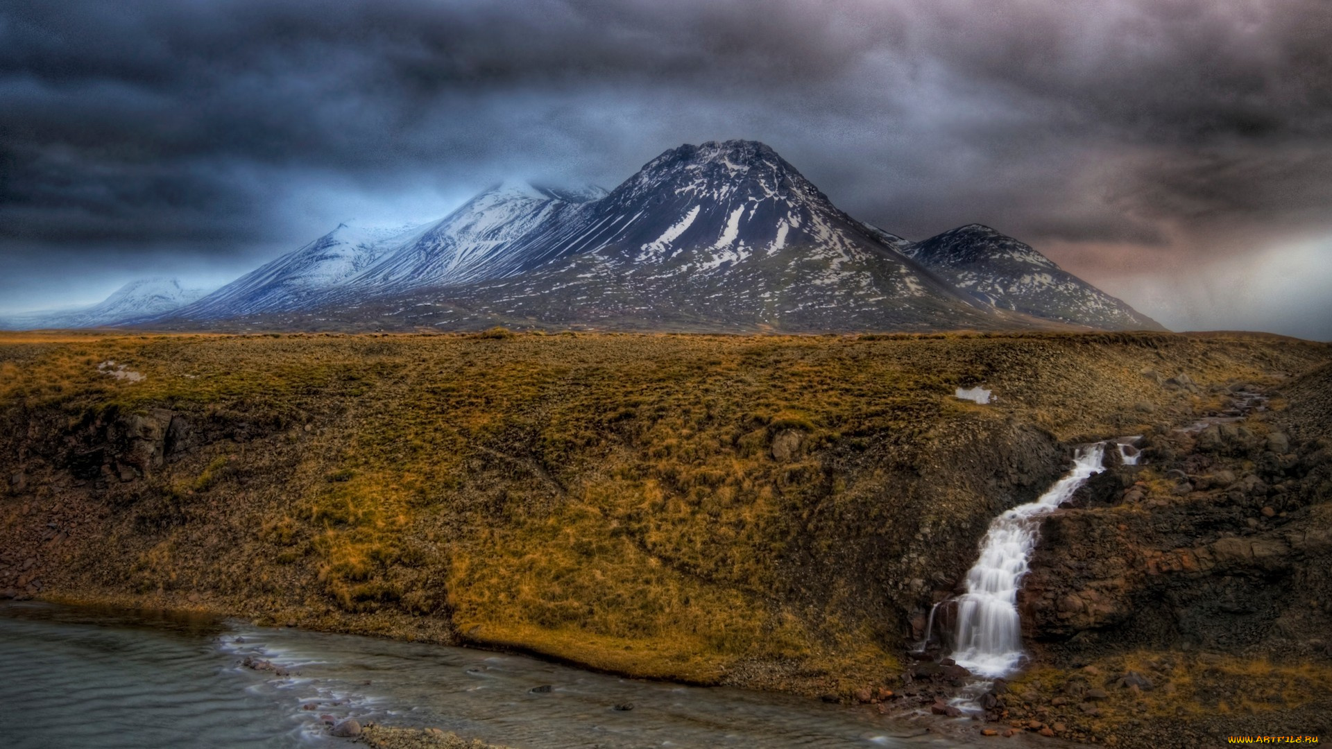 природа, водопады, плато, водопад, горы, тучи, река, небо, hdr