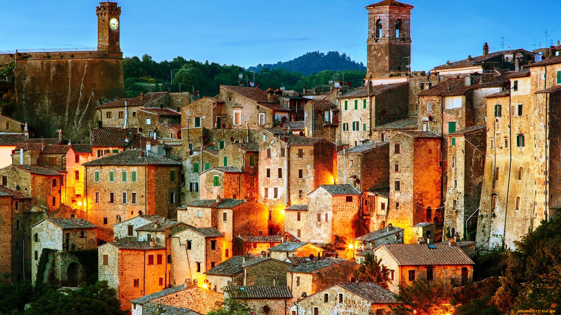 сорано, , италия, города, -, здания, , дома, дома, огни, деревья, башни
