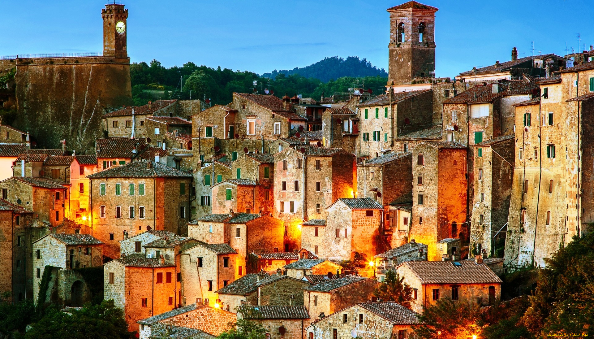 сорано, , италия, города, -, здания, , дома, дома, огни, деревья, башни