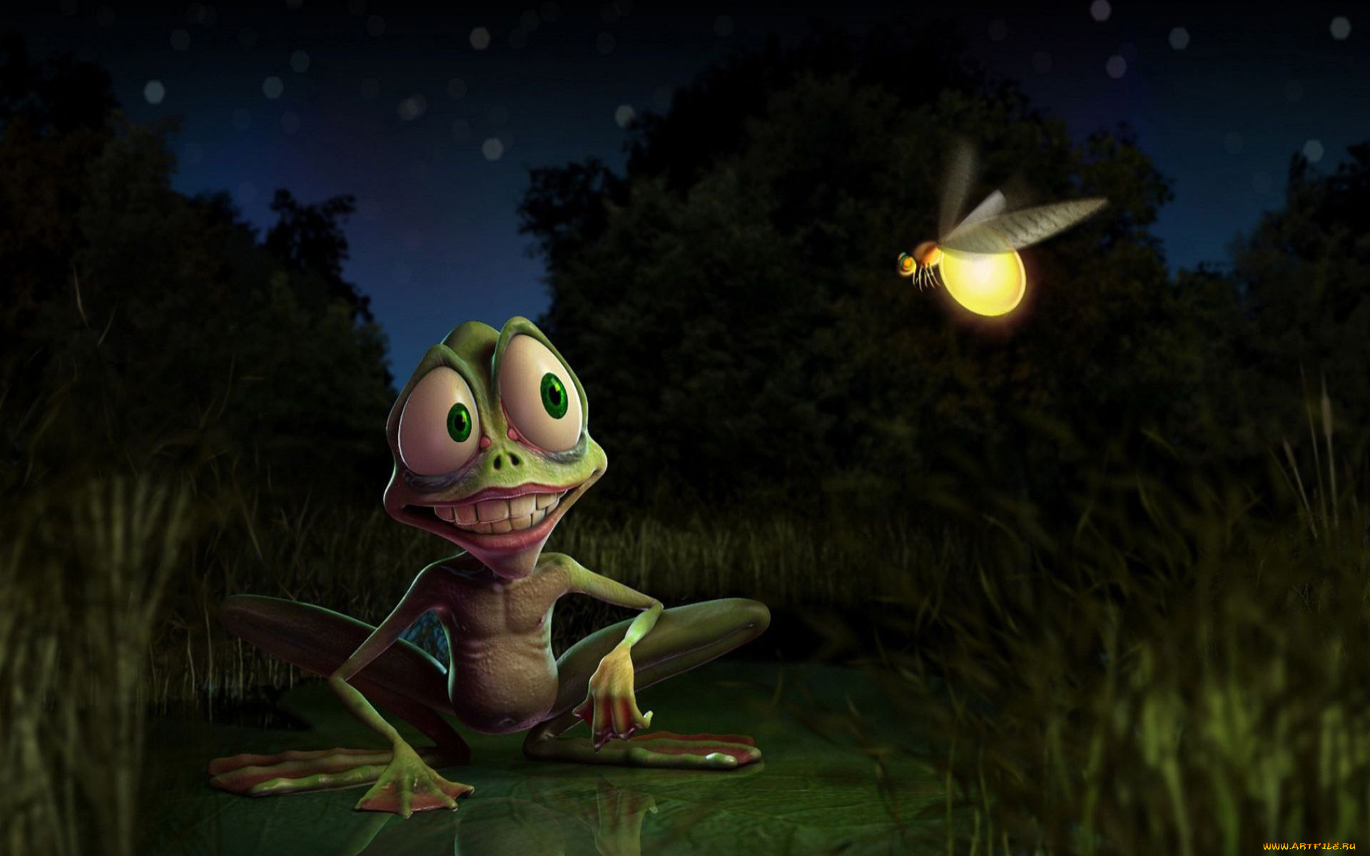 3д, графика, юмор, , humor, светлячок, болото, улыбка, лягушка