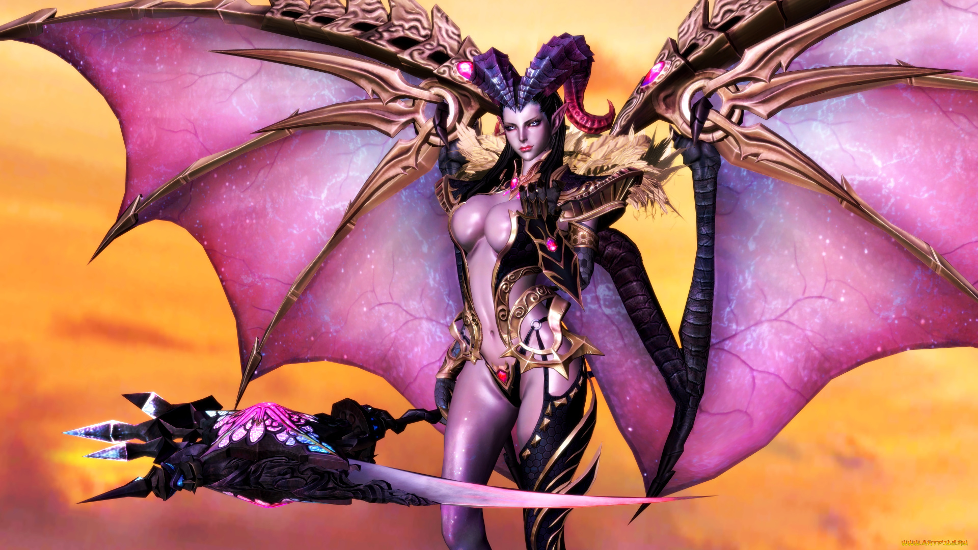 3д, графика, существа, , creatures, девушка, демон, взгляд, фон