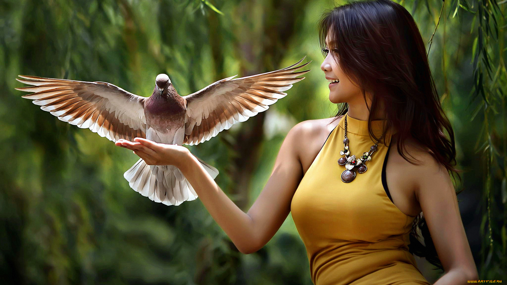 девушки, -unsort, , брюнетки, темноволосые, голубь, улыбка, колье