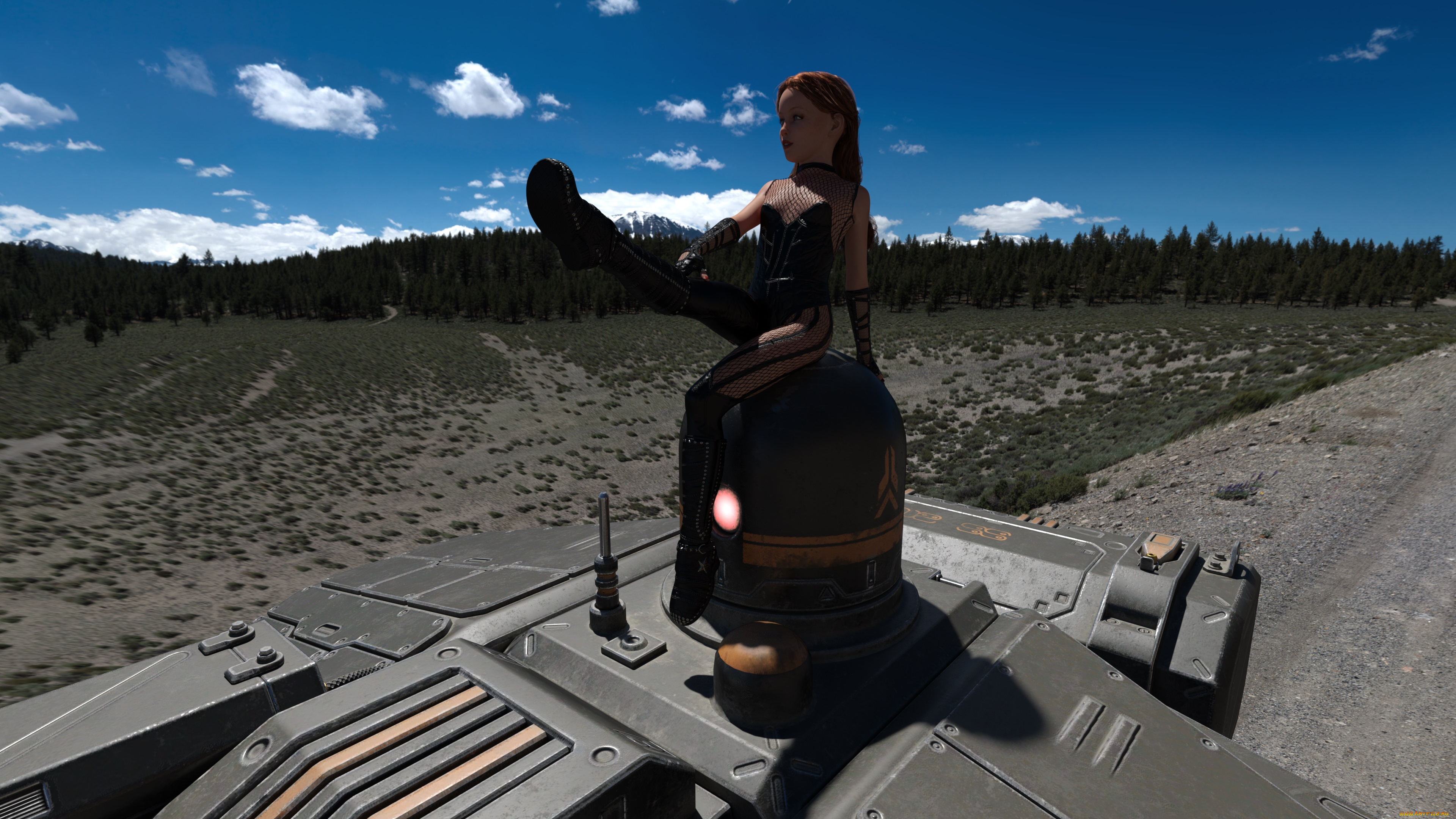 3д, графика, фантазия, , fantasy, танк, фон, взгляд, девушка