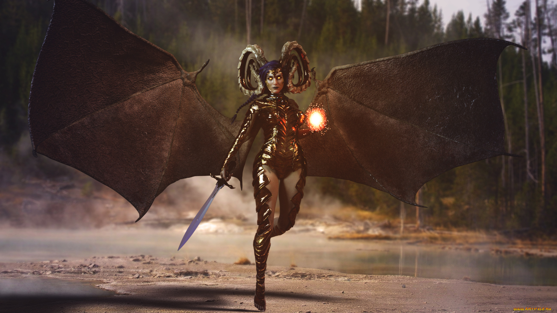 3д, графика, существа, , creatures, девушка, фон, взгляд, униформа, меч, крылья, рога