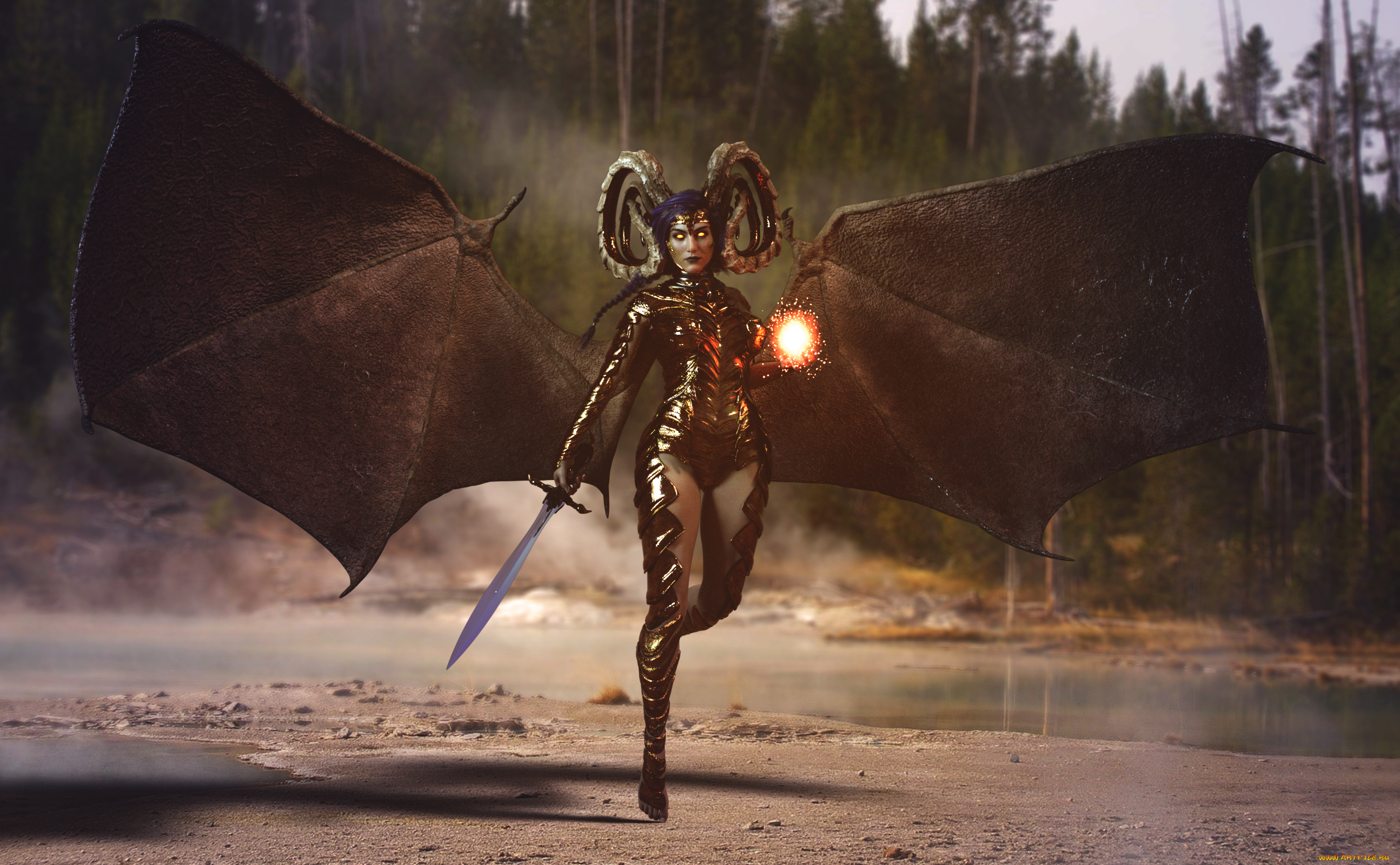 3д, графика, существа, , creatures, девушка, фон, взгляд, униформа, меч, крылья, рога