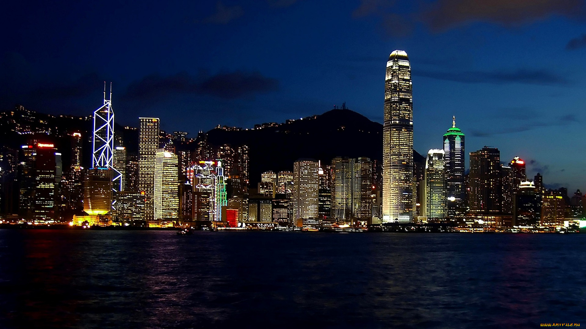 города, гонконг, , китай, гавань, здания, дома, огни, горы