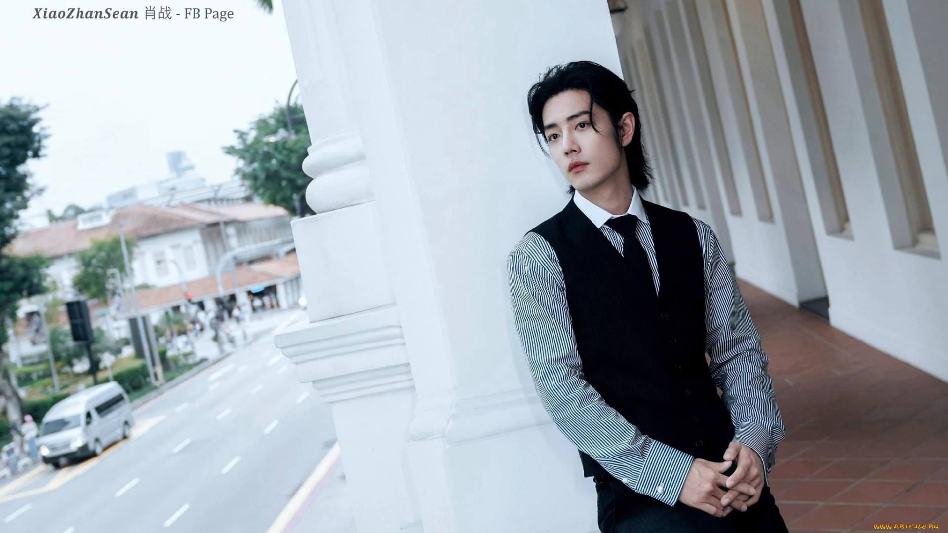 мужчины, xiao, zhan, актер, рубашка, жилет, галстук, здание, улица