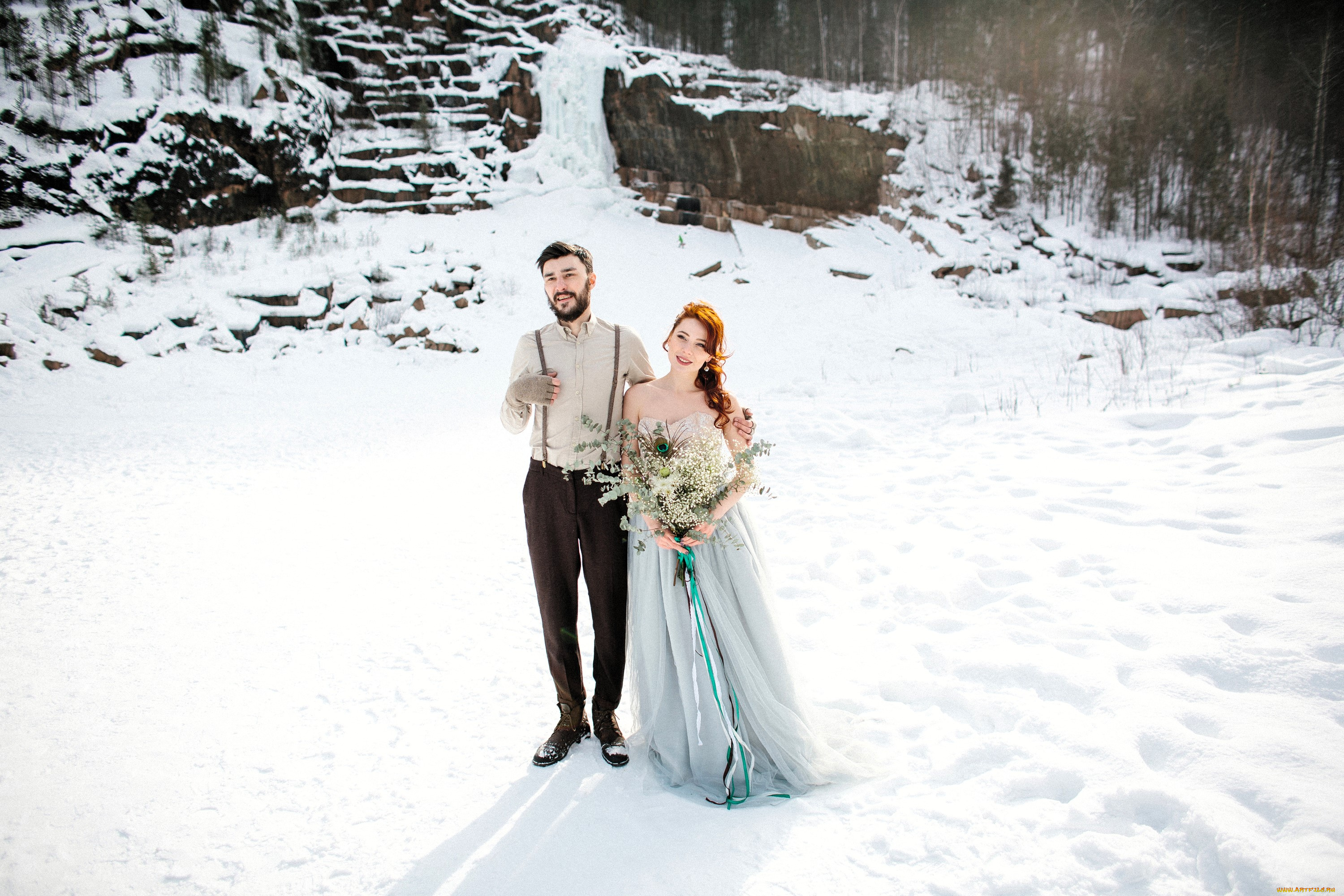 разное, мужчина, женщина, пара, букет, снег, скала