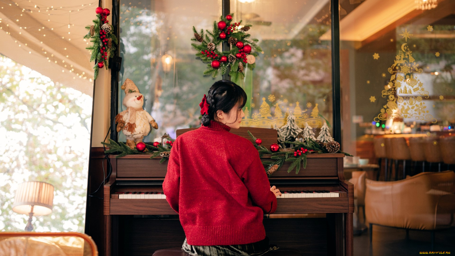 девушки, -, азиатки, брюнетка, свитер, пианино, украшения