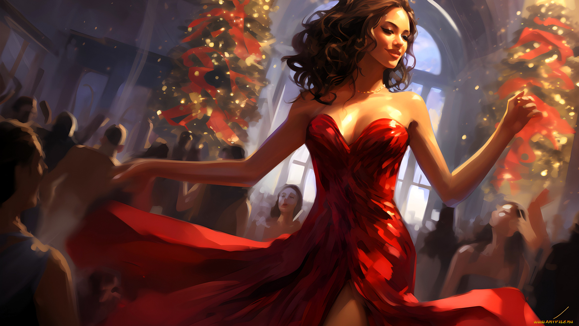 рисованное, люди, девушка, платье, новый, год, ёлки