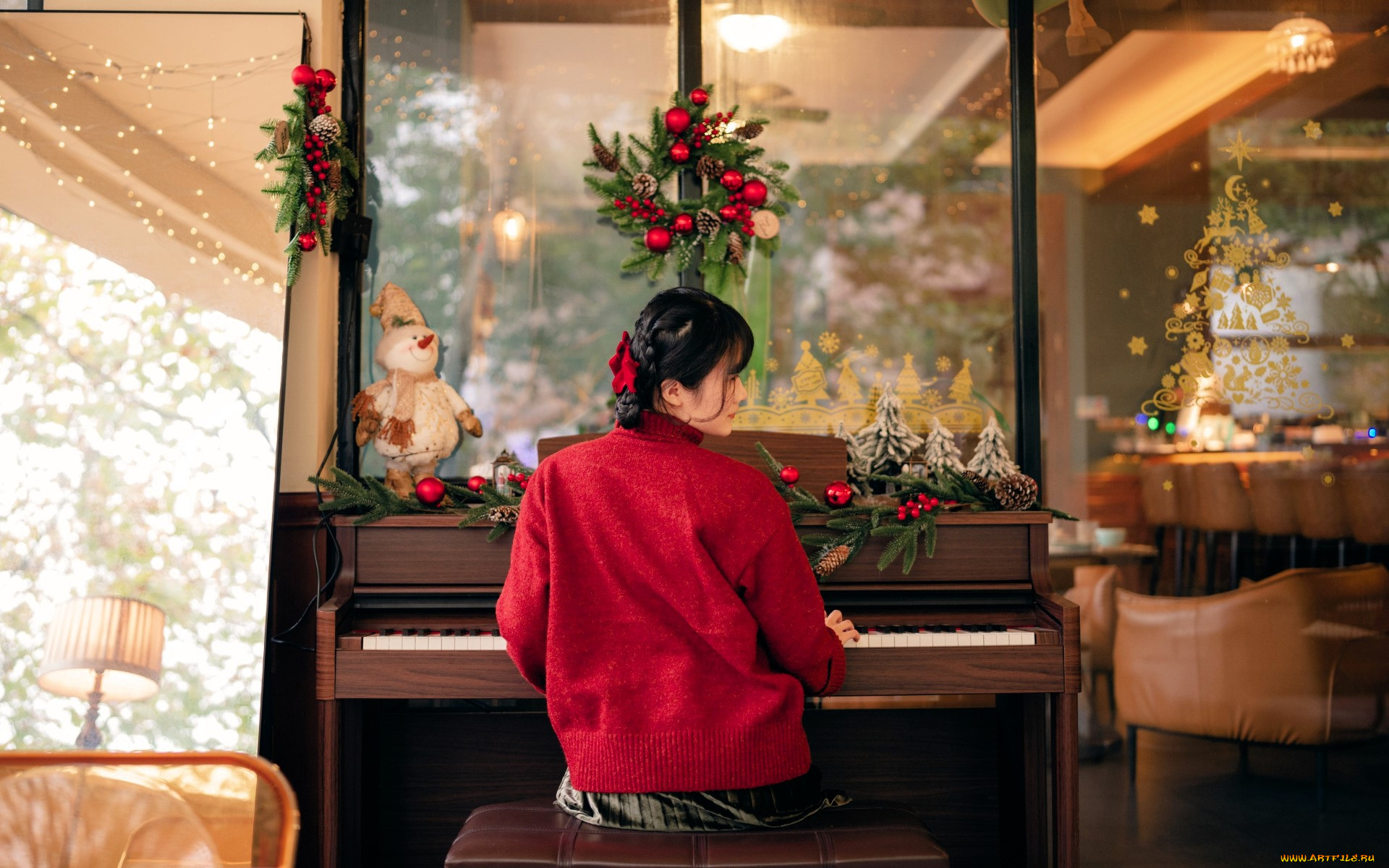 девушки, -, азиатки, брюнетка, свитер, пианино, украшения