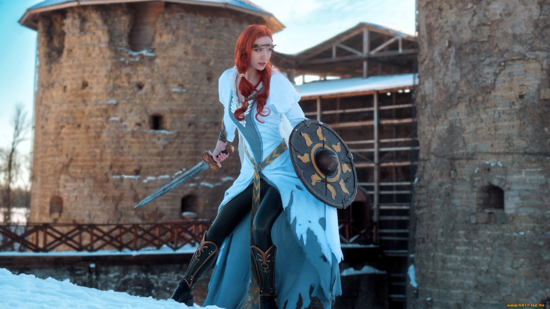 девушки, -, креатив, , косплей, образ, косплей, наряд, костюм, меч, щит, крепость, зима, снег