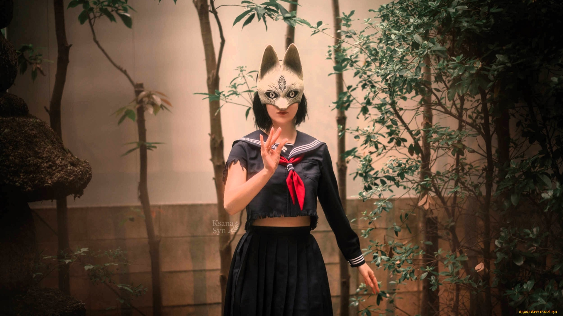 девушки, ксана, станкевич, образ, косплей, наряд, костюм, маска, стена, деревья