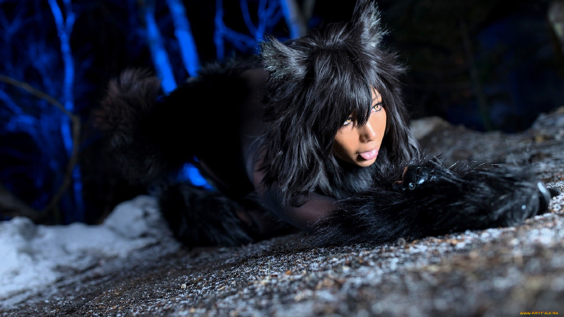 девушки, nonsummerjack, образ, косплей, костюм, наряд, мех, лапы, снег, деревья