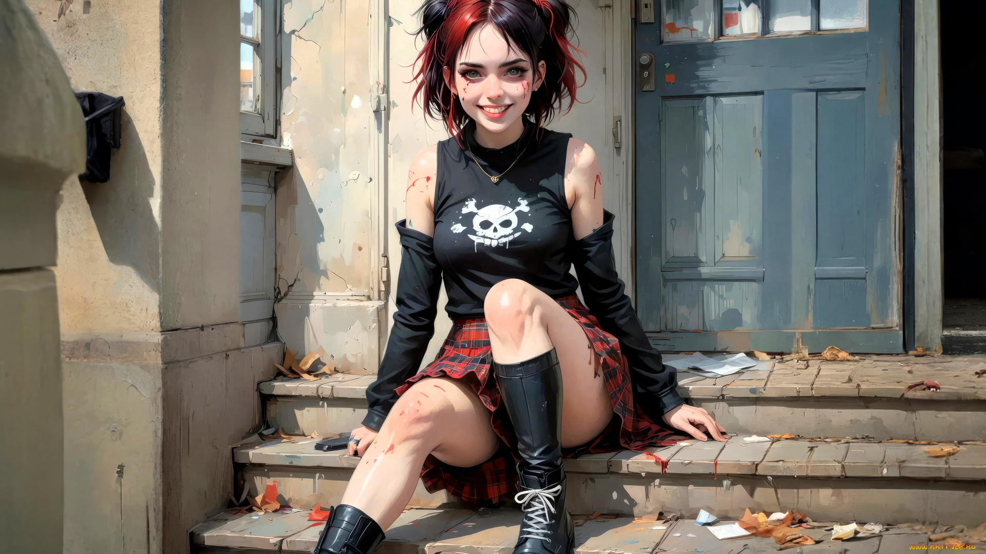 рисованное, люди, девушка, топ, перчатки, юбка, сапоги, дом, крыльцо, ступени