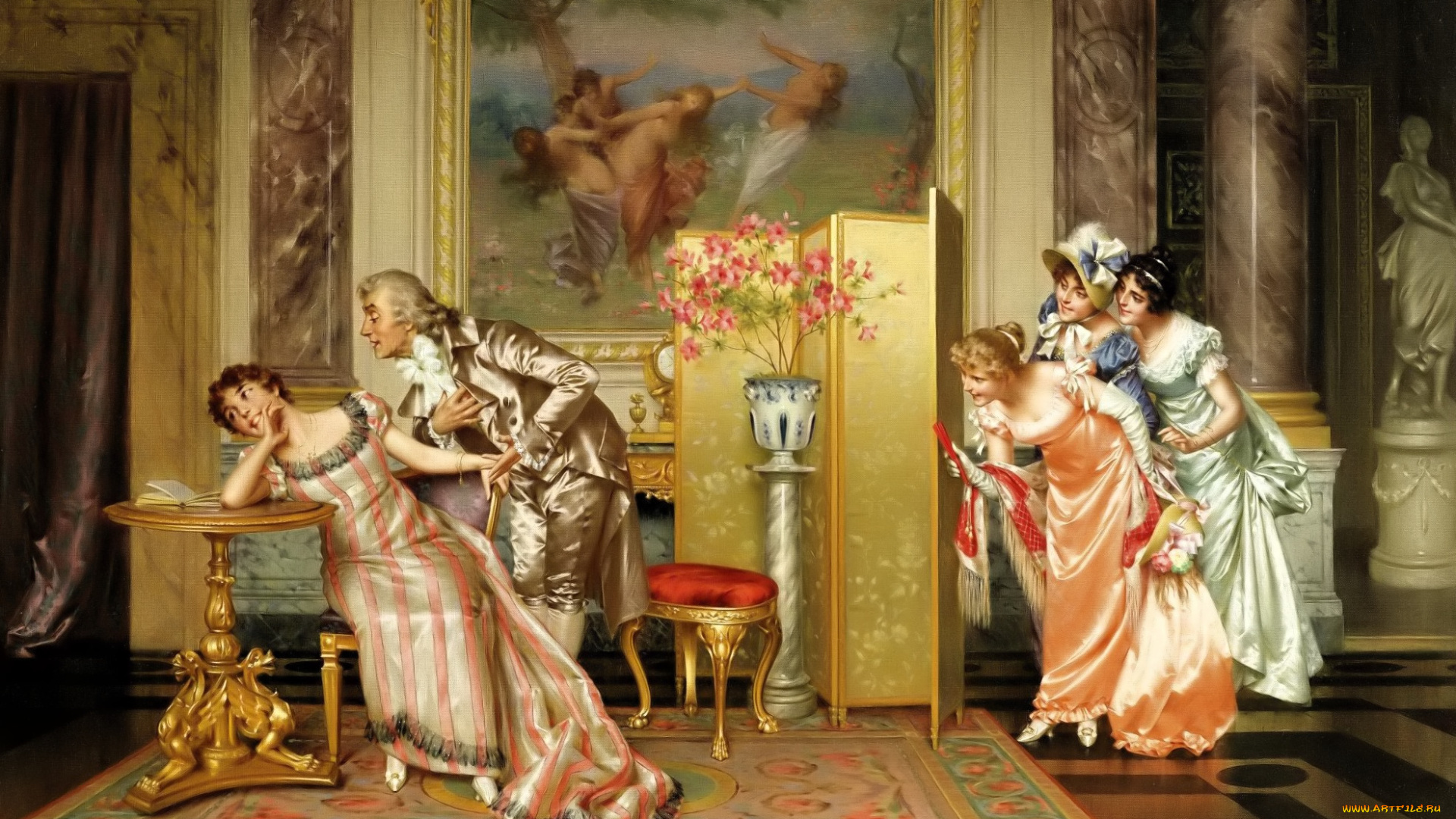 рисованное, vittorio, reggianini, дамы, джентельмен, стол, картины, ширма