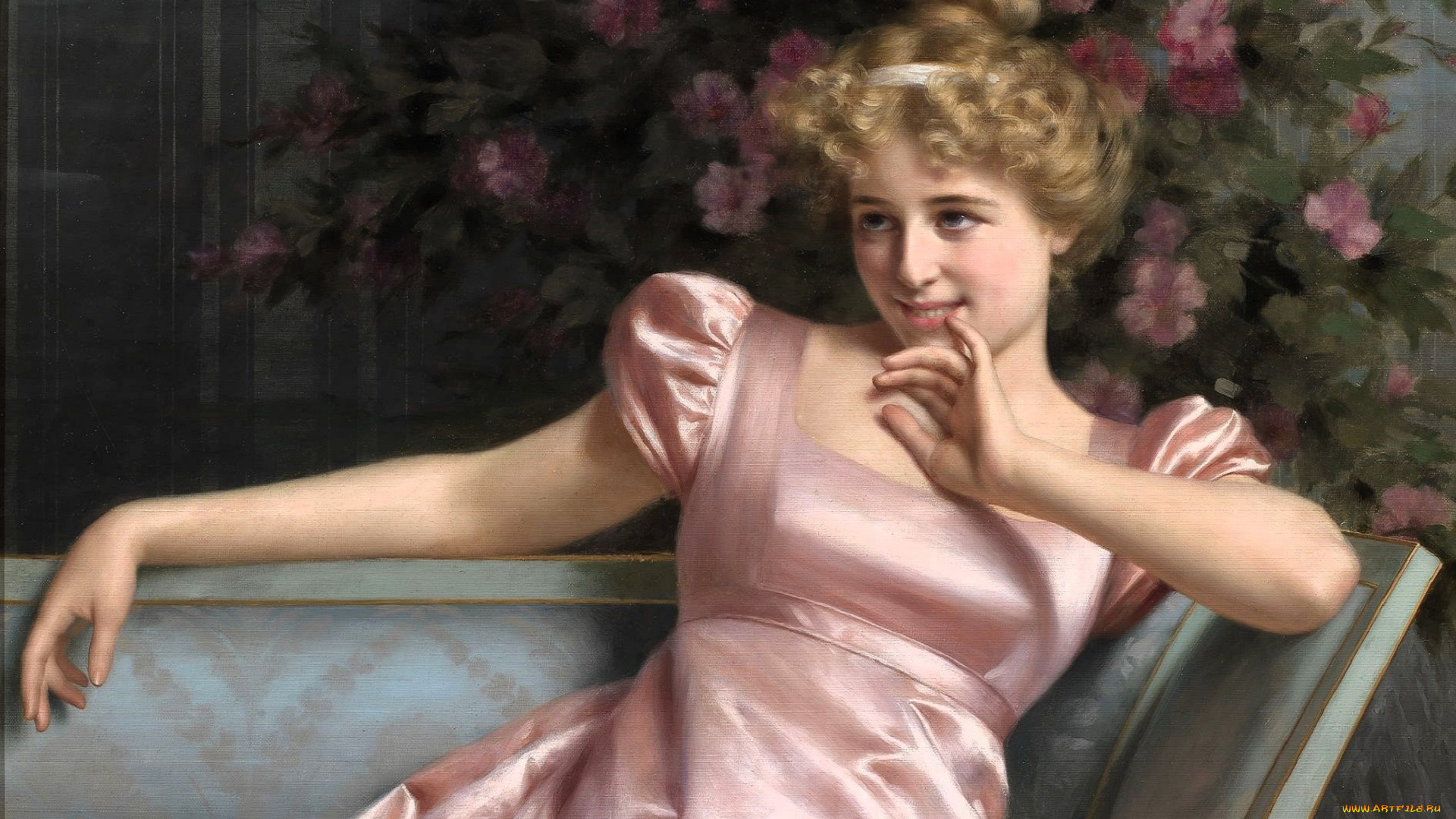 рисованное, vittorio, reggianini, девушка, дама, диван, цветы