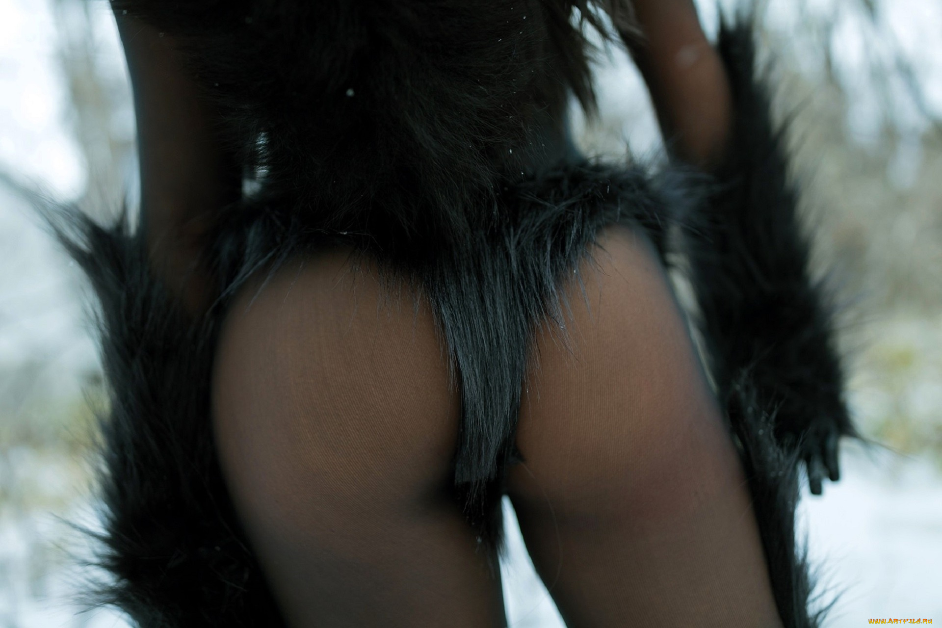 девушки, nonsummerjack, образ, косплей, костюм, наряд, мех, лапы, снег, попа