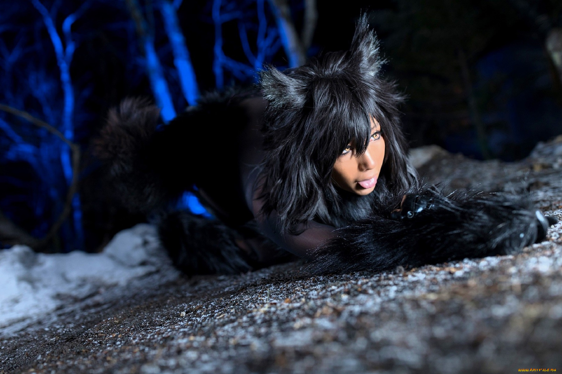 девушки, nonsummerjack, образ, косплей, костюм, наряд, мех, лапы, снег, деревья