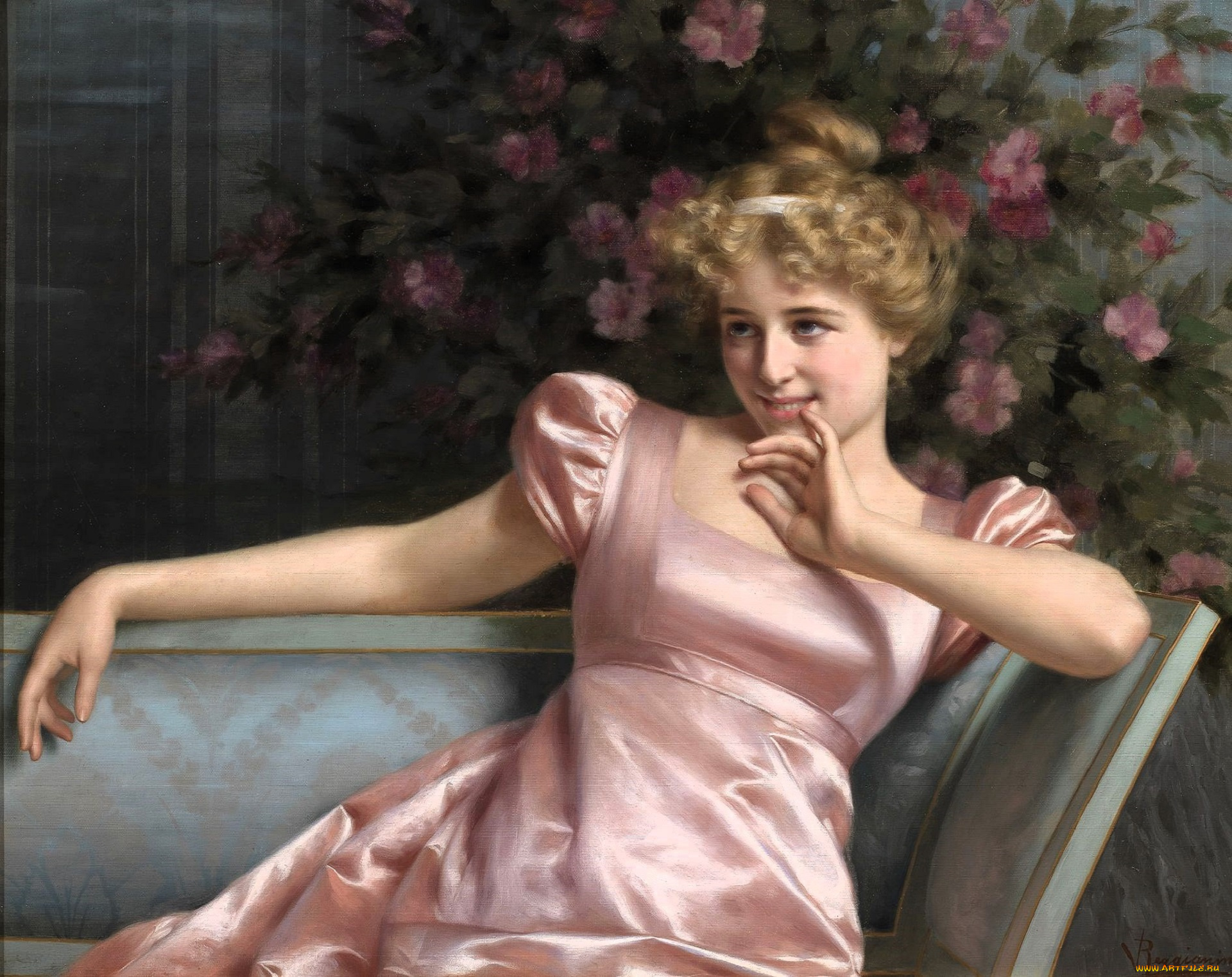 рисованное, vittorio, reggianini, девушка, дама, диван, цветы