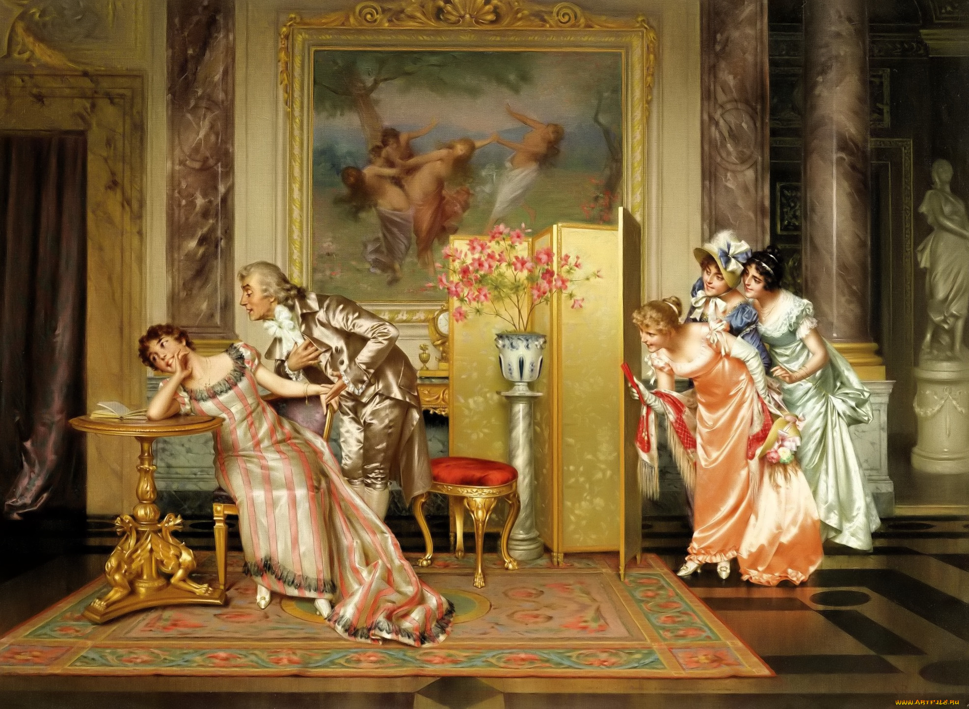 рисованное, vittorio, reggianini, дамы, джентельмен, стол, картины, ширма