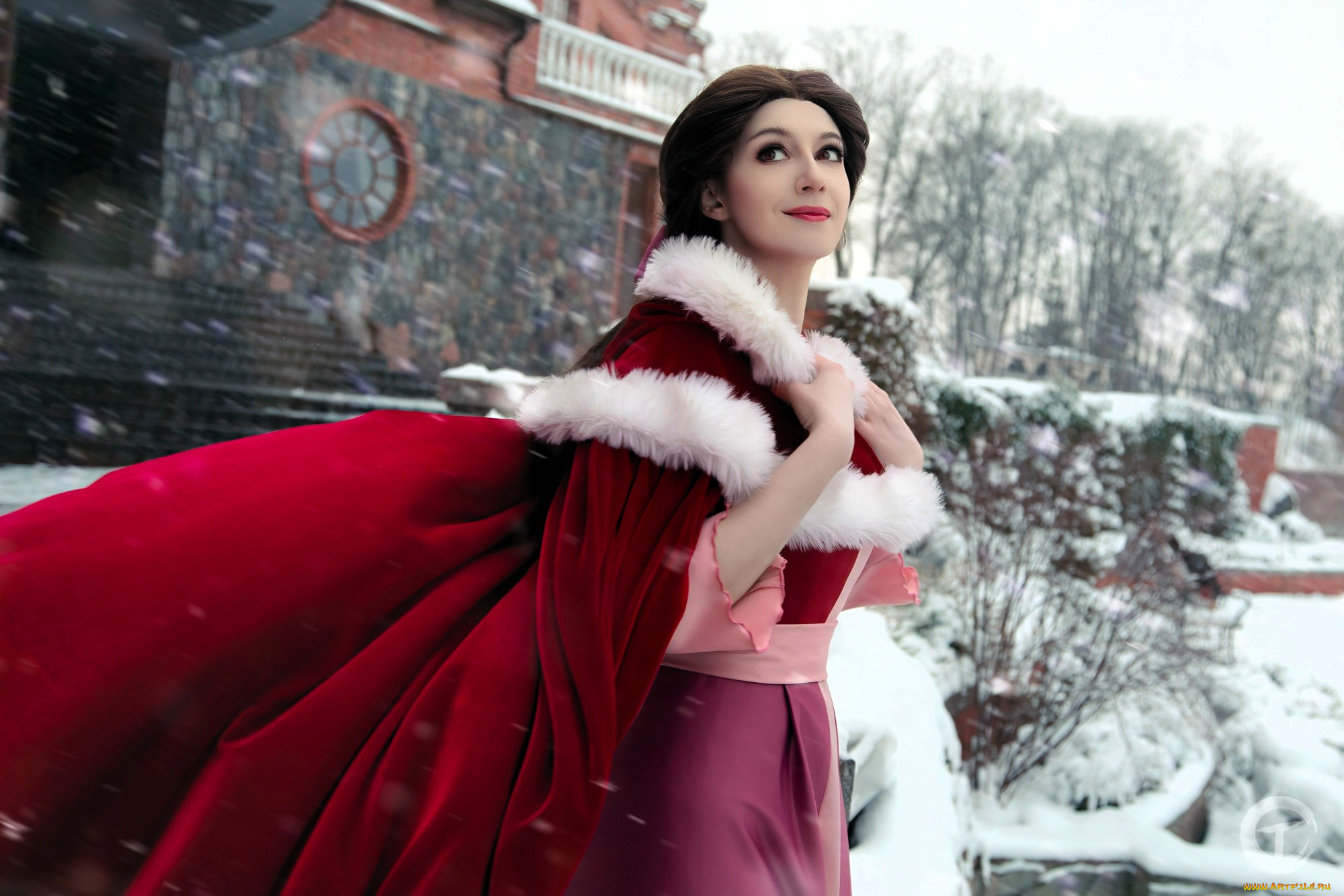 девушки, tomka, violea, образ, косплей, наряд, костюм, плащ, дом, снег, зима