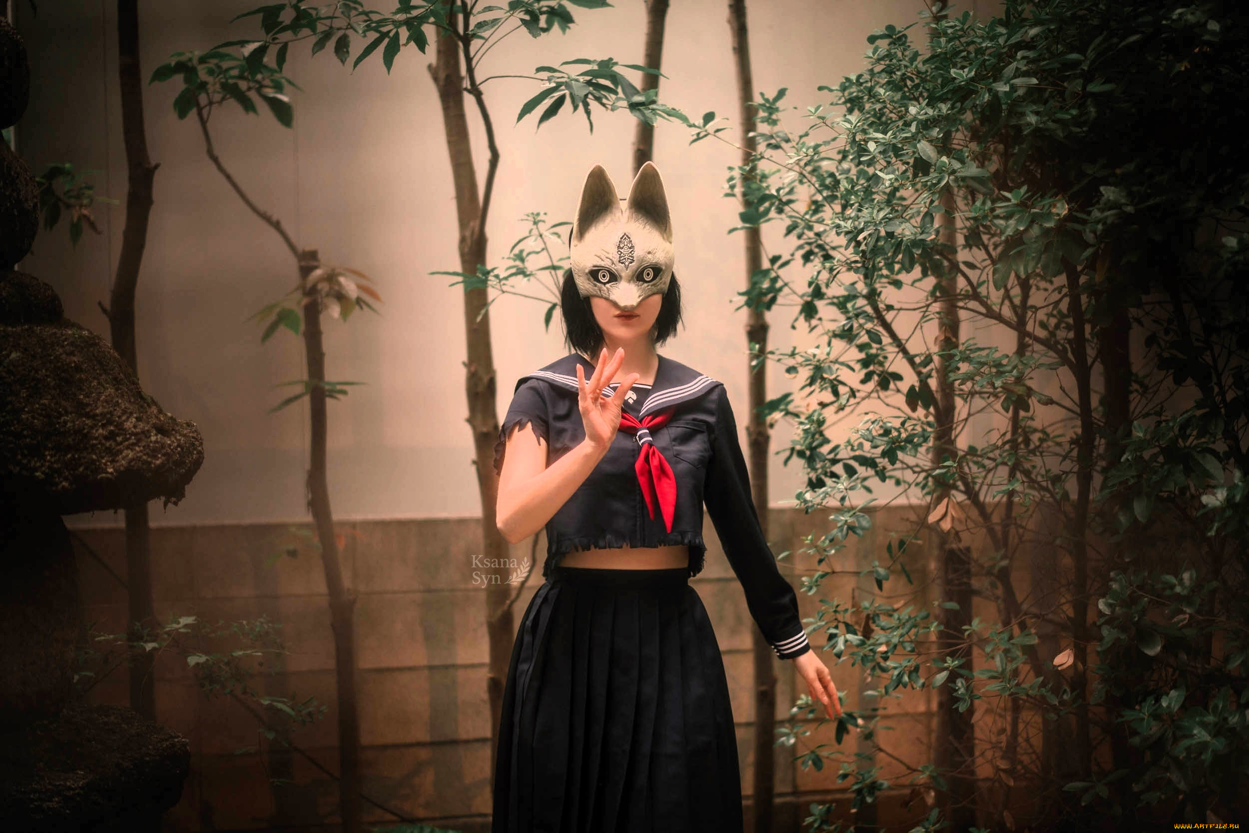 девушки, ксана, станкевич, образ, косплей, наряд, костюм, маска, стена, деревья