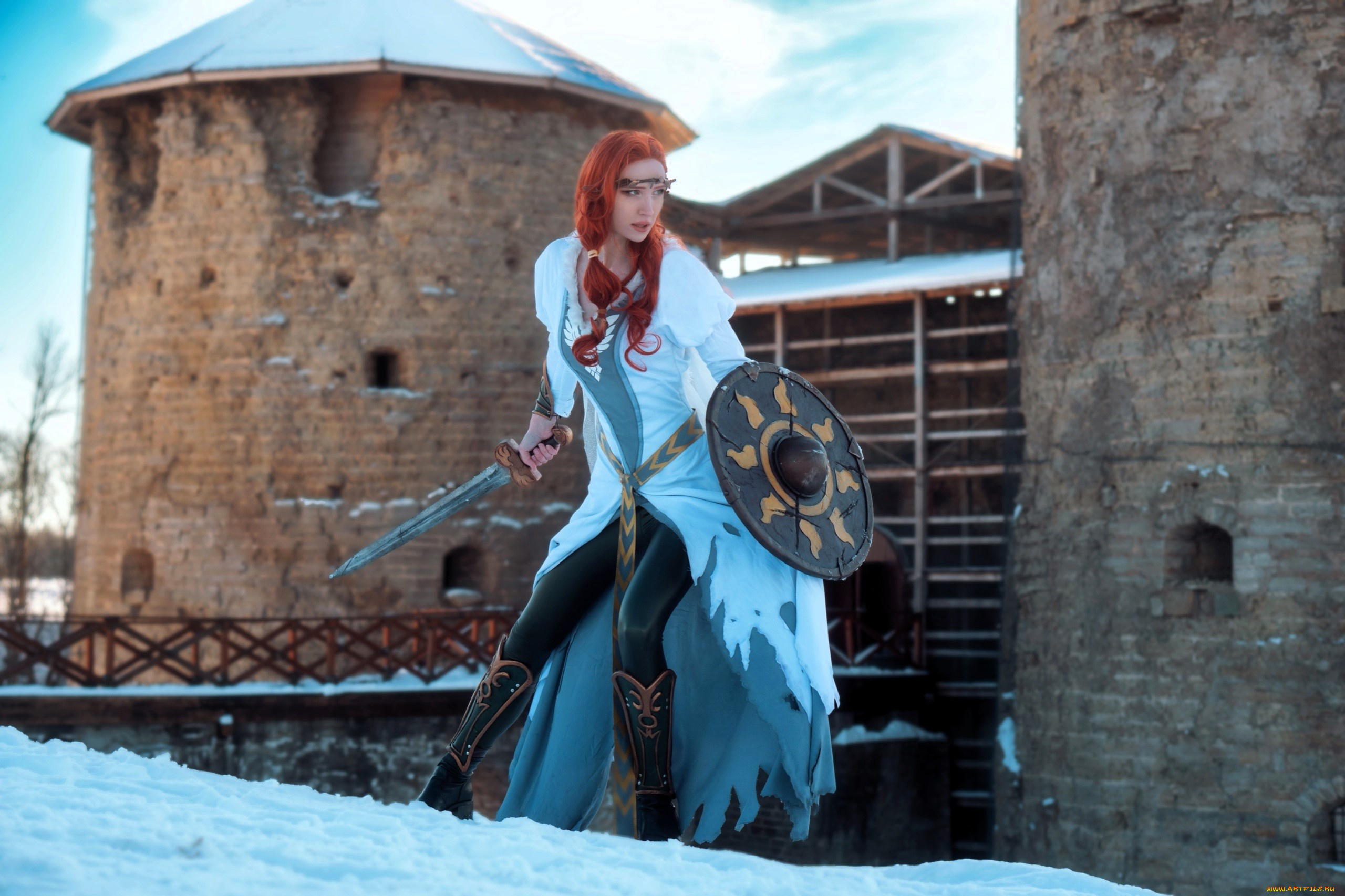 девушки, -, креатив, , косплей, образ, косплей, наряд, костюм, меч, щит, крепость, зима, снег