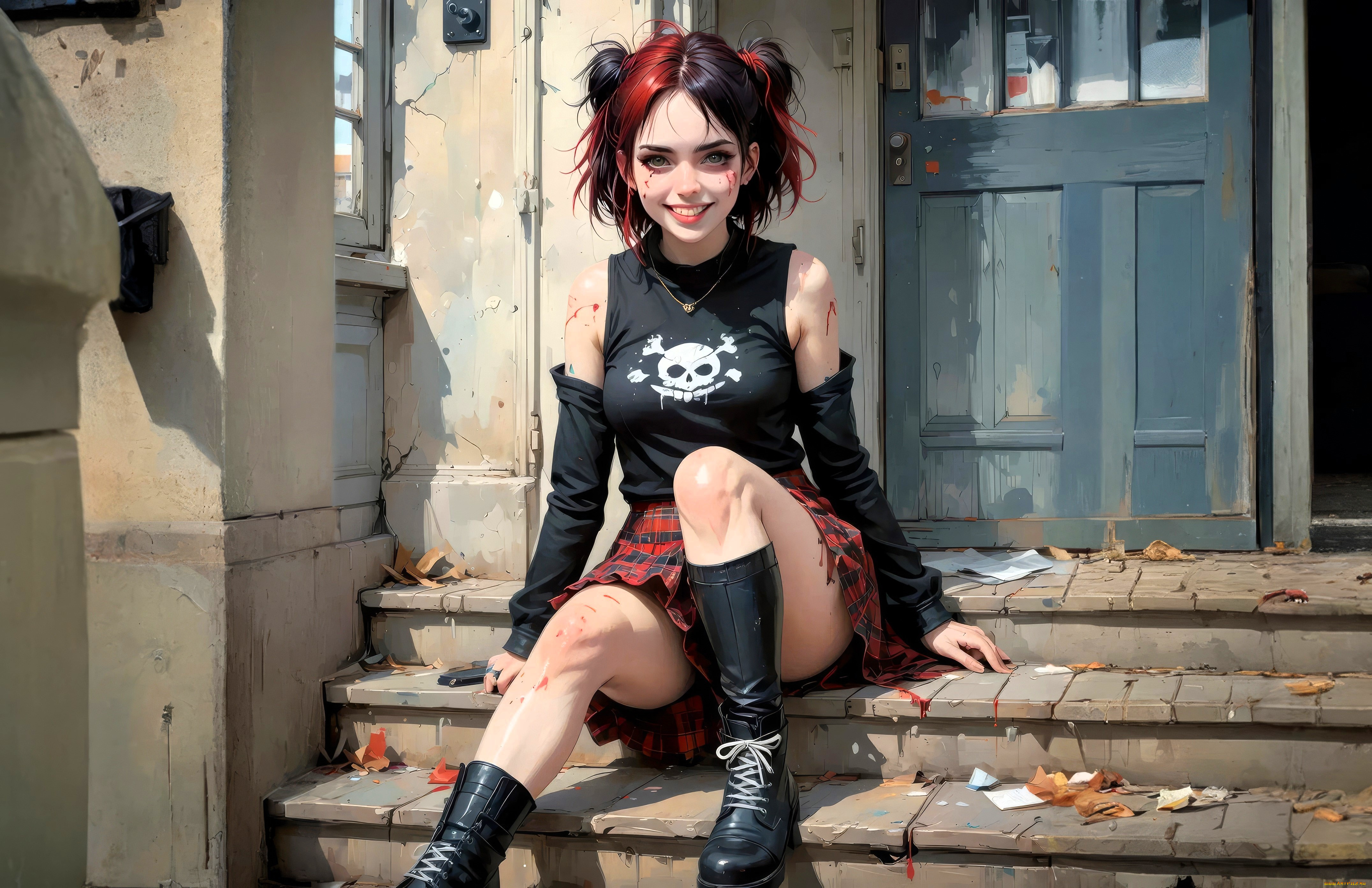 рисованное, люди, девушка, топ, перчатки, юбка, сапоги, дом, крыльцо, ступени