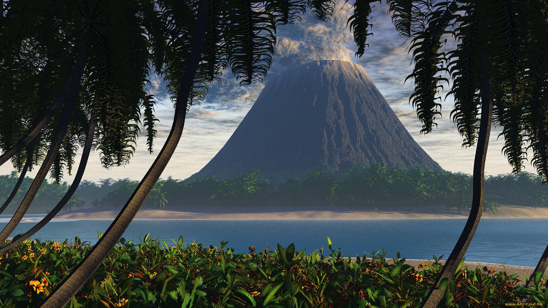 3д, графика, nature, landscape, природа, вулкан, пальмы