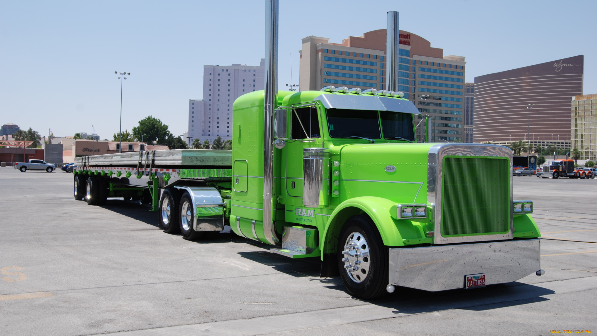 автомобили, peterbilt, площадь, зеленый, платформа, transportation