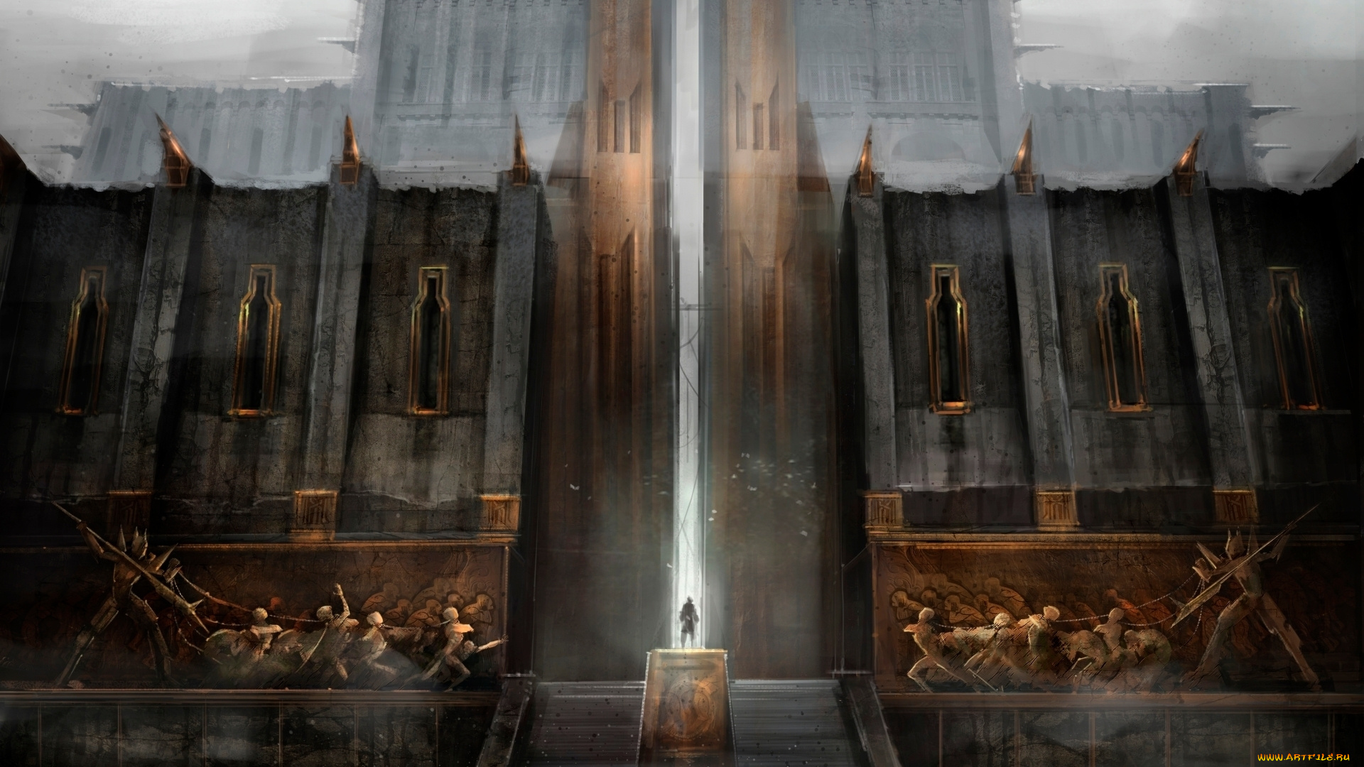 фэнтези, иные, миры, времена, ворота, дверь, дымка, крепость, лестница