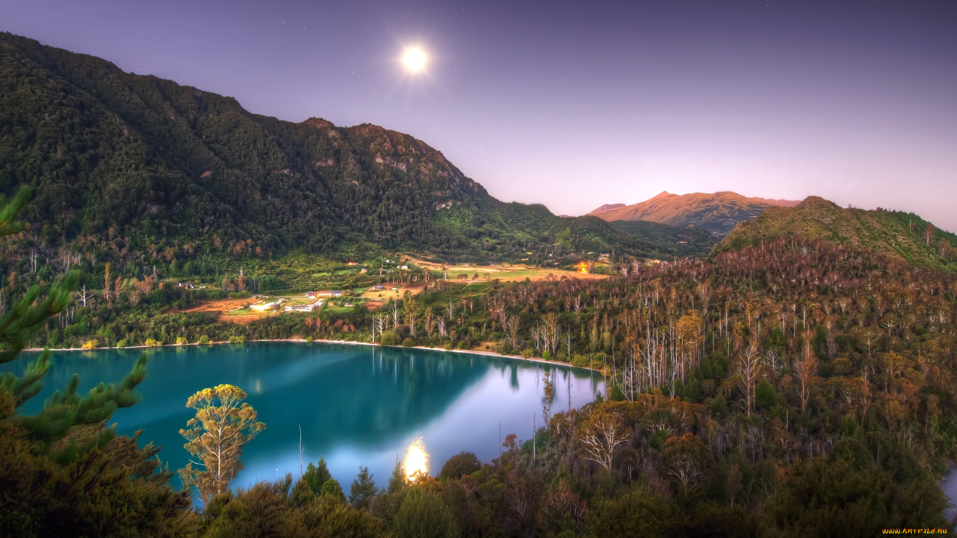 природа, реки, озера, hdr, пейзаж, горы, небо, солнце, hd, безоблачно, деревья