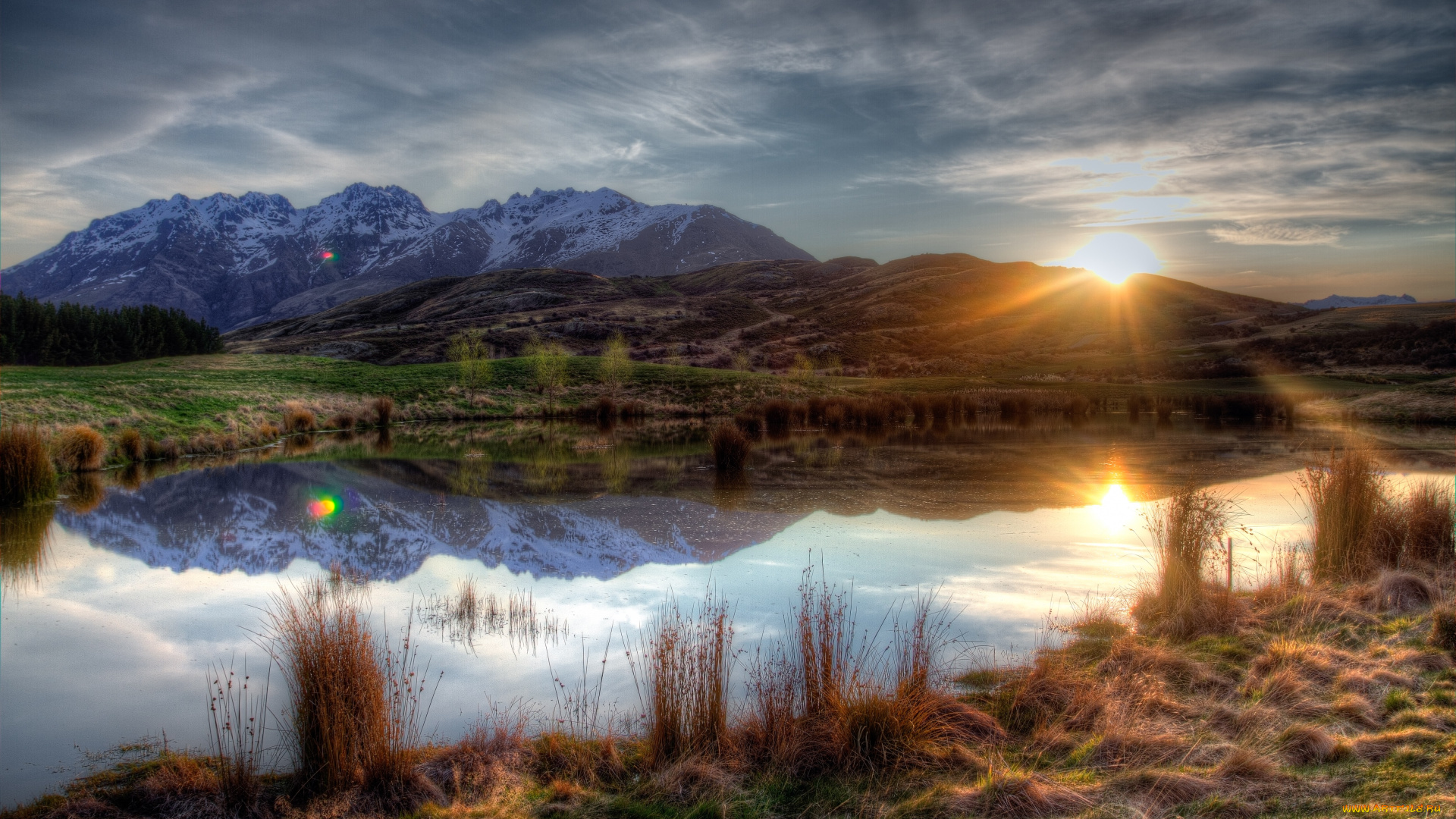 природа, восходы, закаты, трава, горы, солнце, небо, вода, растительность