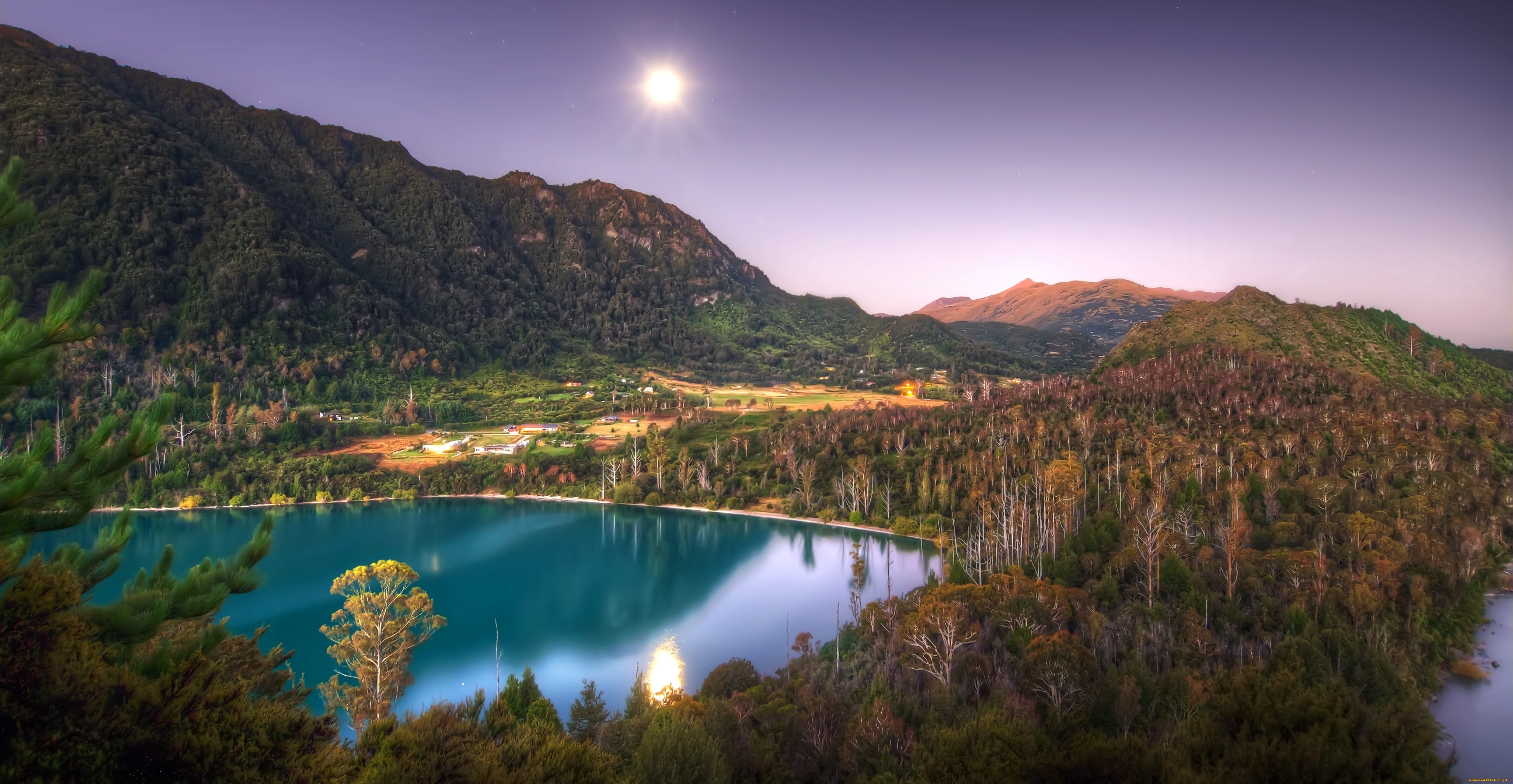 природа, реки, озера, hdr, пейзаж, горы, небо, солнце, hd, безоблачно, деревья