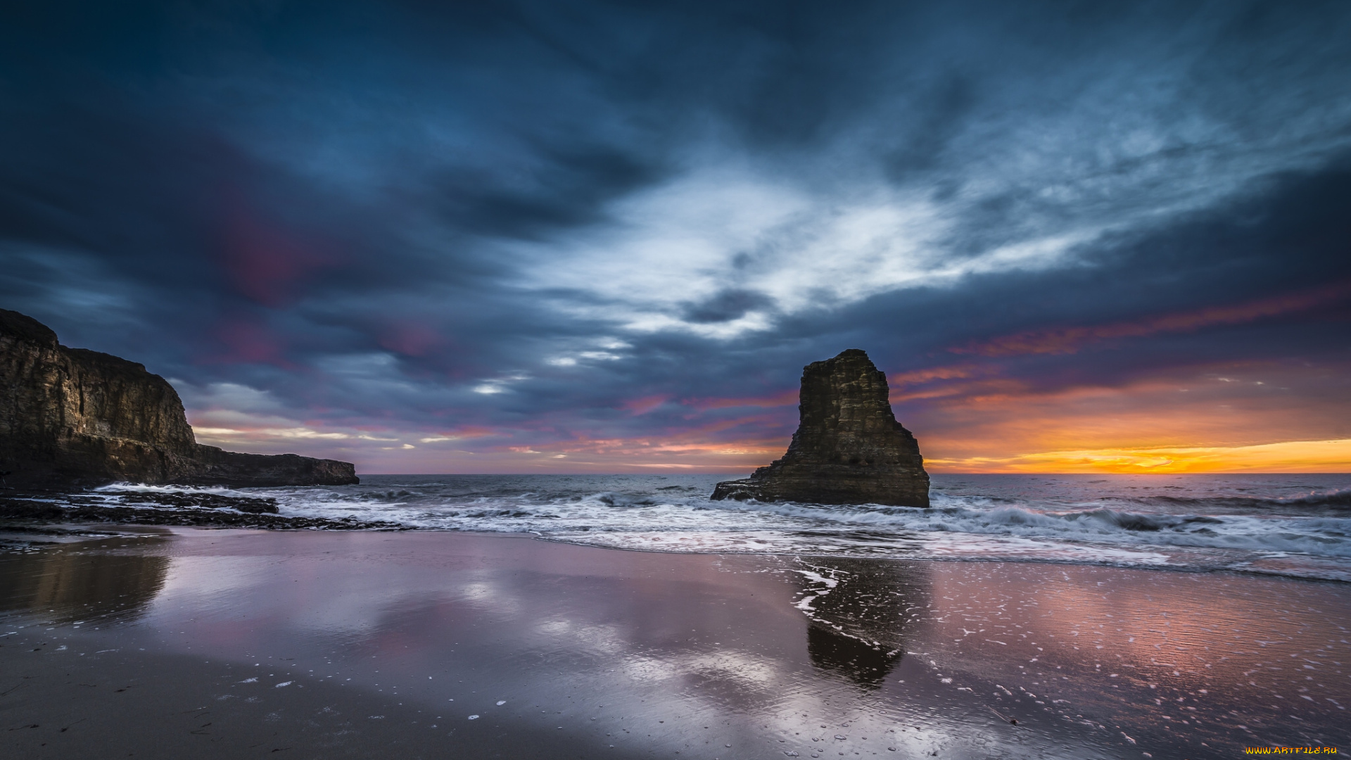 природа, побережье, облака, скалы, закат, океан