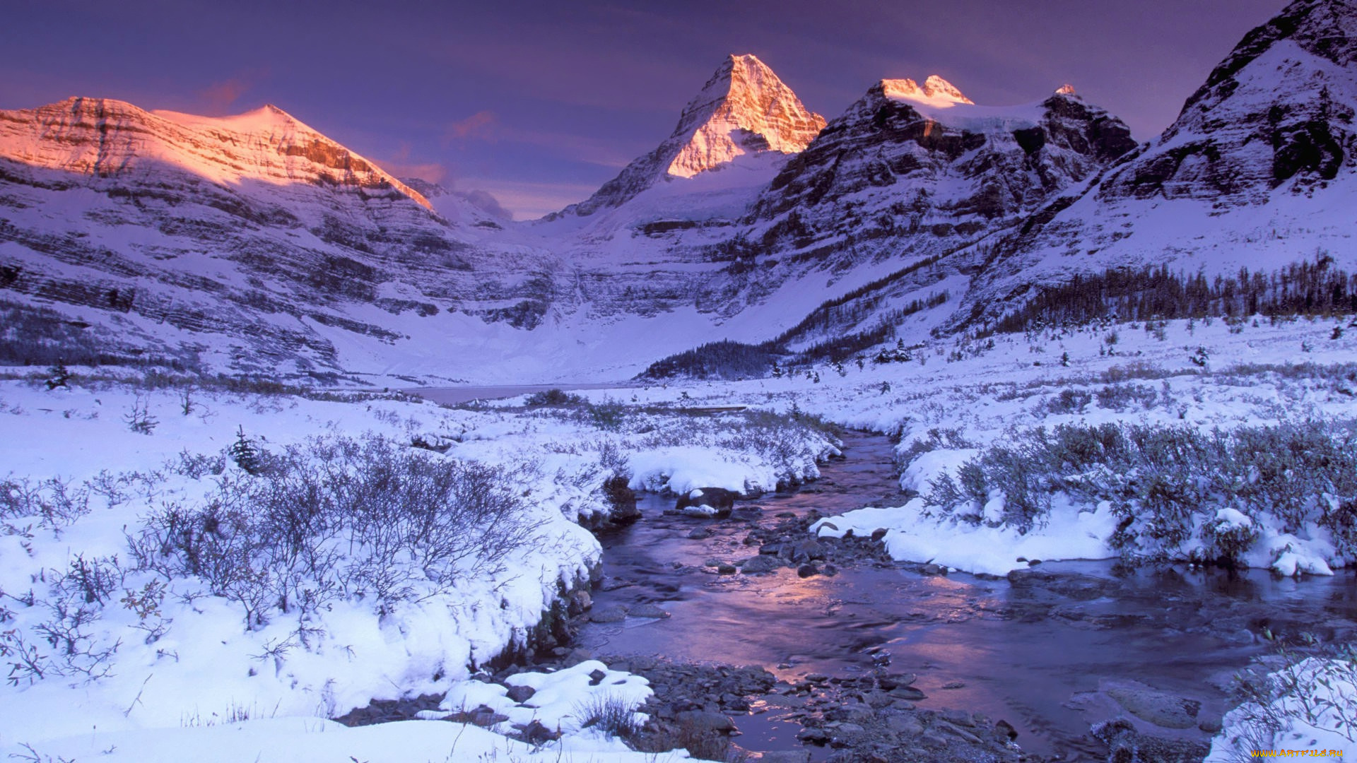 природа, реки, озера, пики, ручей, снег, трава, горы