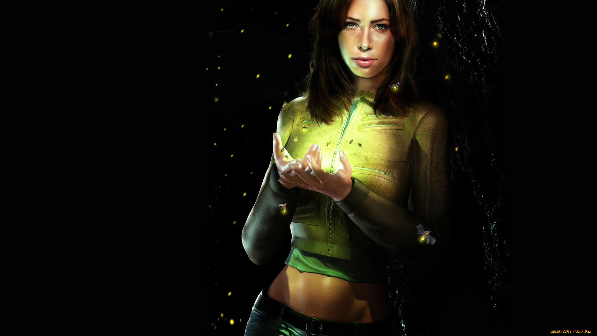 девушка, фэнтези, люди, огоньки, светлячки