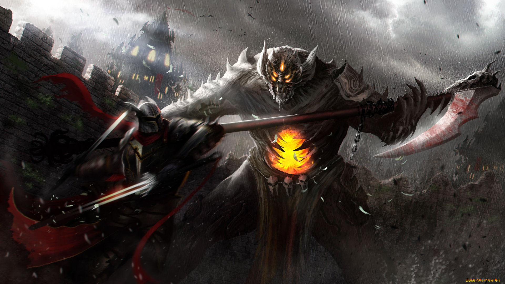 фэнтези, демоны, рыцарь, крепость, коса, демон, схватка, мечи