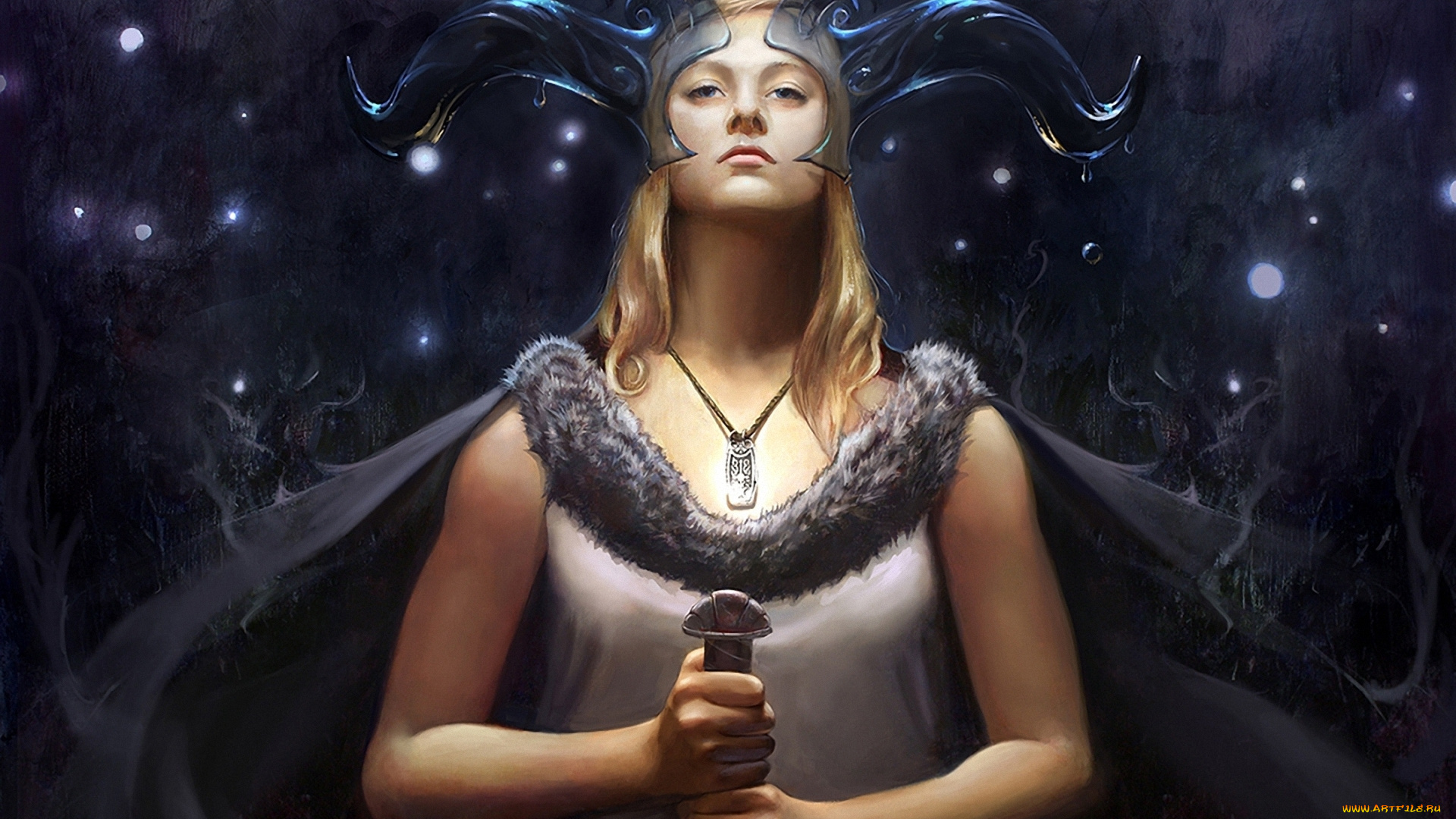 фэнтези, девушки, девушка, меч, кулон, накидка, мех