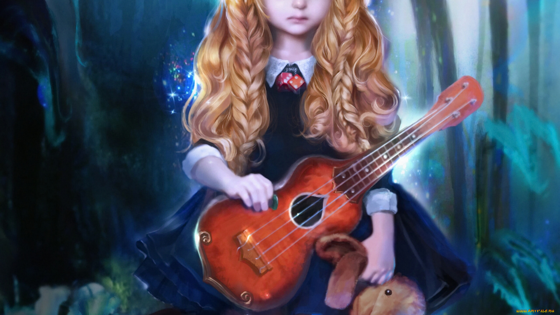 фэнтези, девушки, игрушка, кролик, укулеле, девочка