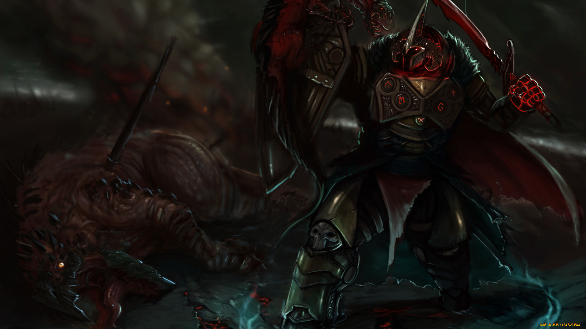 фэнтези, существа, доспехи, схватка, меч, монстры, воин