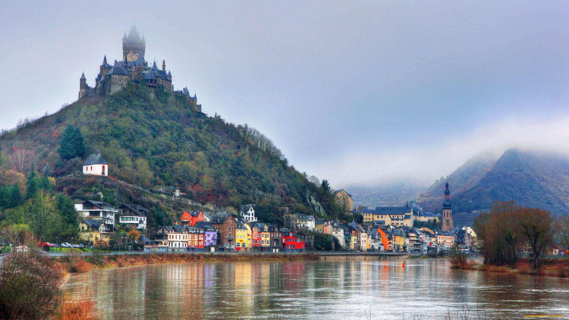 города, кохем, , германия, пейзаж, река, дома, замок, cochem